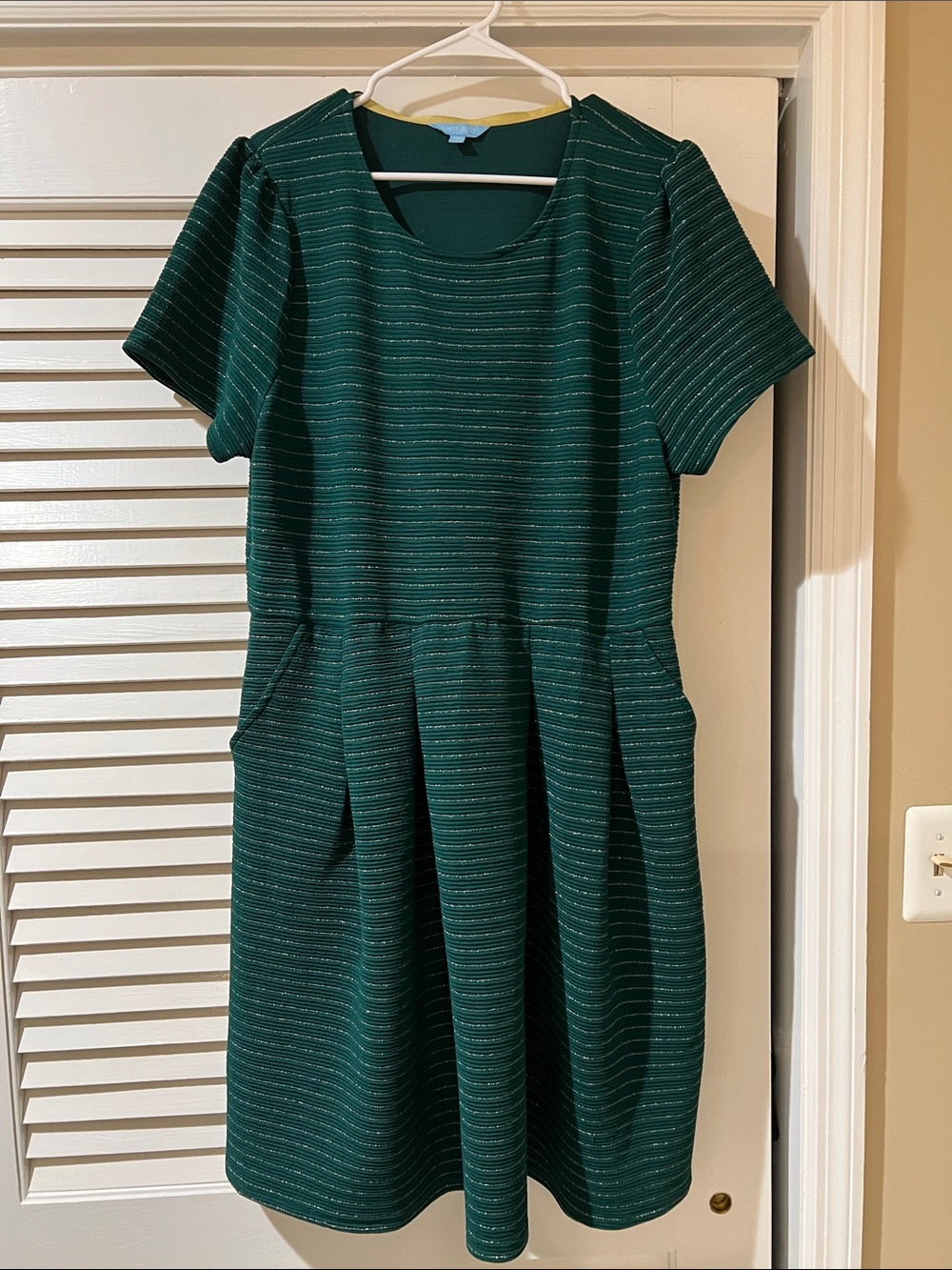 Emerald Green Striped Short Sleeve Fit-and-Flare Dress with silver stripes.